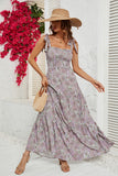 Khaki Printed Tie Strap Square Neck Long Summer Dress