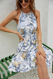 Yellow Halter Floral Printed Summer Dress With Ruffles