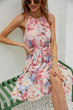 Yellow Halter Floral Printed Summer Dress With Ruffles