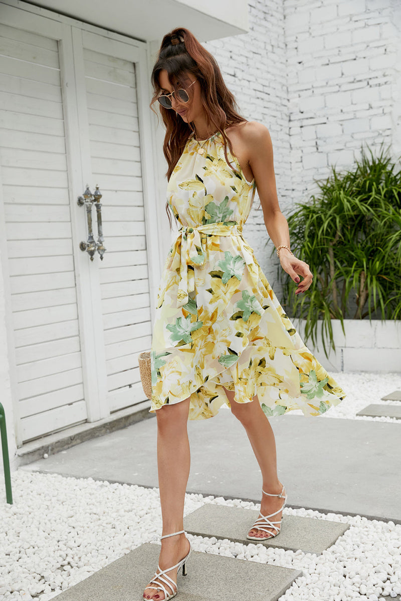 Load image into Gallery viewer, Yellow Halter Floral Printed Summer Dress With Ruffles