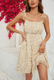 Apricot Floral Printed Spaghetti Straps Short Summer Dress