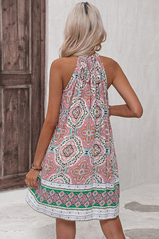 Pink Printed Halter Boho Short Summer Dress