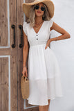 White Flutter Sleeves V-Neck Midi Summer Dress With Ruffles