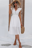 White Flutter Sleeves V-Neck Midi Summer Dress With Ruffles