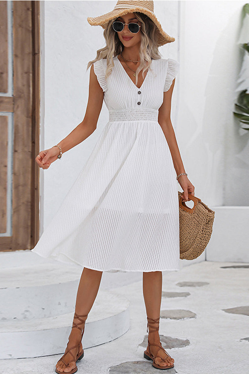 Load image into Gallery viewer, White Flutter Sleeves V-Neck Midi Summer Dress With Ruffles