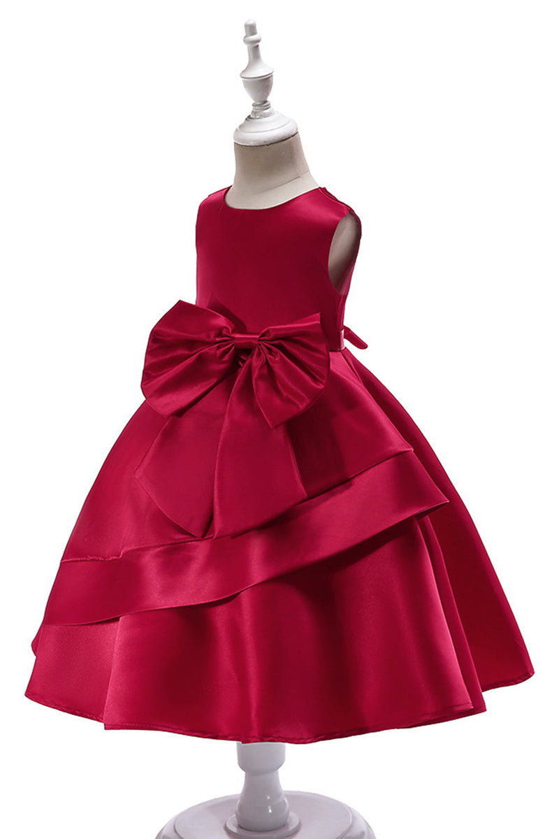 Load image into Gallery viewer, Boat Neck Sleeveless Burgundy Girls Dresses with Bowknot