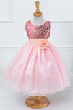 Sequins Sleeveless White Girls Dresses with Bowknot