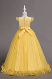 Tulle Boat Neck Yellow Girls Dresses with Appliques