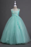 Tulle A-Line Round Neck Green Girls Dresses with Appliques