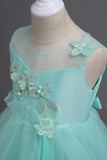 Tulle A-Line Round Neck Green Girls Dresses with Appliques