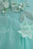 Tulle A-Line Round Neck Green Girls Dresses with Appliques