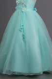 Tulle A-Line Round Neck Green Girls Dresses with Appliques