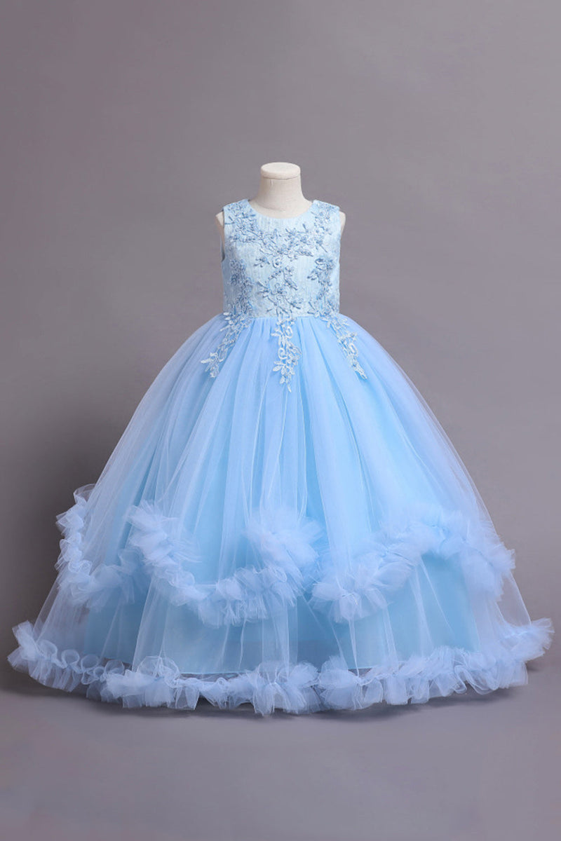 Load image into Gallery viewer, Tulle Beaded Blue Girls Dresses with Appliques