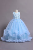 Tulle Beaded Blue Girls Dresses with Appliques