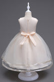 Boat Neck Tulle White Girls Dresses with Bow