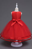 Boat Neck Tulle White Girls Dresses with Bow