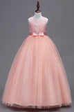 A-Line Tulle White Girls Dresses with Bow