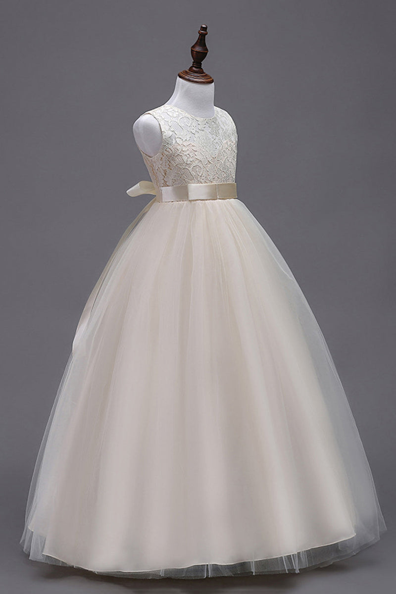 Load image into Gallery viewer, A-Line Tulle White Girls Dresses with Bow