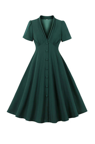 Green Deep V Neck 1950s Dress With Short Sleeves