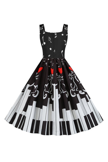 Black Sleeveless Printed 1950s Dress
