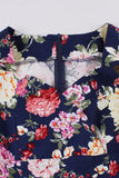 Navy Floral Printed Swing 1950s Dress with Short Sleeves