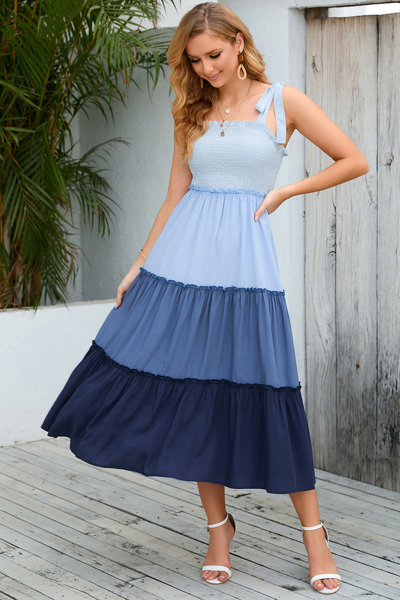 Load image into Gallery viewer, Blue A Line Midi Summer Dress with Pleated