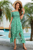 Load image into Gallery viewer, Off the Shoulder Green Printed Summer Dress with Pleated