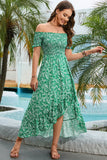 Off the Shoulder Green Printed Summer Dress with Pleated