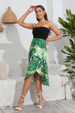 Printed Strapless Green Summer Dress with Slit