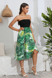 Printed Strapless Green Summer Dress with Slit