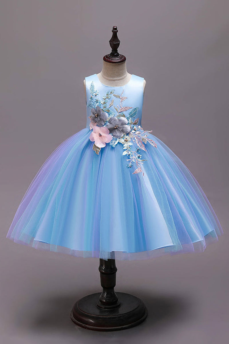 Load image into Gallery viewer, A Line Blue Bowknot Girls Dresses With Appliques