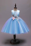 A Line Blue Bowknot Girls Dresses With Appliques