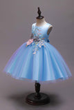 A Line Blue Bowknot Girls Dresses With Appliques