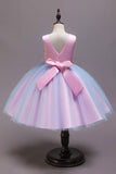 A Line Blue Bowknot Girls Dresses With Appliques