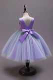 A Line Blue Bowknot Girls Dresses With Appliques