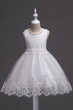 White Round Neck Beading A Line Girls Dresses