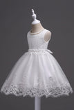 White Round Neck Beading A Line Girls Dresses