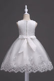 White Round Neck Beading A Line Girls Dresses