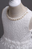 White Round Neck Beading A Line Girls Dresses