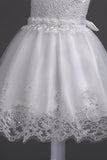 White Round Neck Beading A Line Girls Dresses