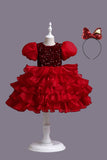 Puff Sleeves Pink Sequined Girls Dresses With Bow