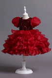 Puff Sleeves Pink Sequined Girls Dresses With Bow