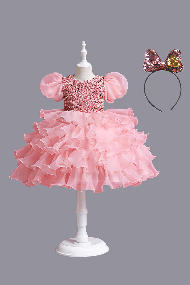 Load image into Gallery viewer, Puff Sleeves Pink Sequined Girls Dresses With Bow