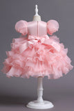 Puff Sleeves Pink Sequined Girls Dresses With Bow