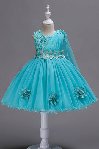 Blue A Line Bowknot Girls Party Dresses With 3D Flowers