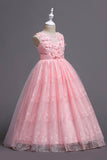 Pink Round Neck Girls Dresses With 3D Flowers