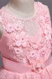 Pink Round Neck Girls Dresses With 3D Flowers