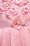 Pink Round Neck Girls Dresses With 3D Flowers