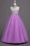 Purple A Line Tulle Girls Dresses With Lace