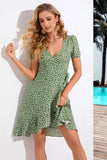 Green A Line Printed V Neck Summer Dress With Short Sleeves